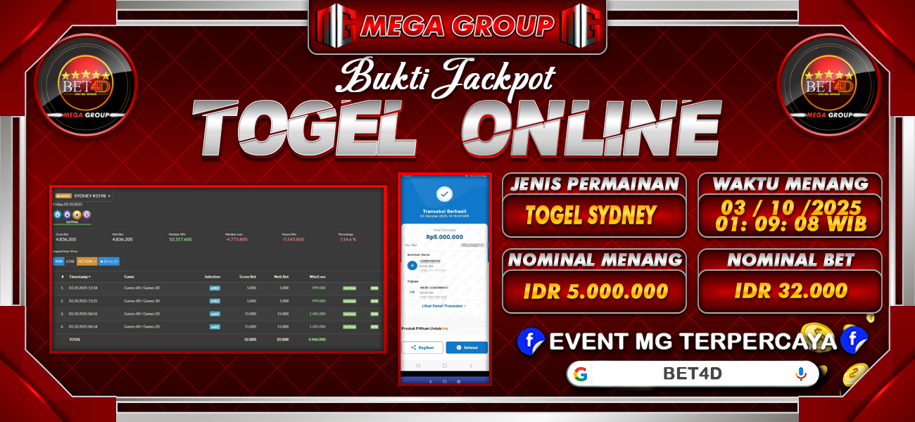 Bukti JP situs Bet4D hari Jumat, 03 Oktober 2025