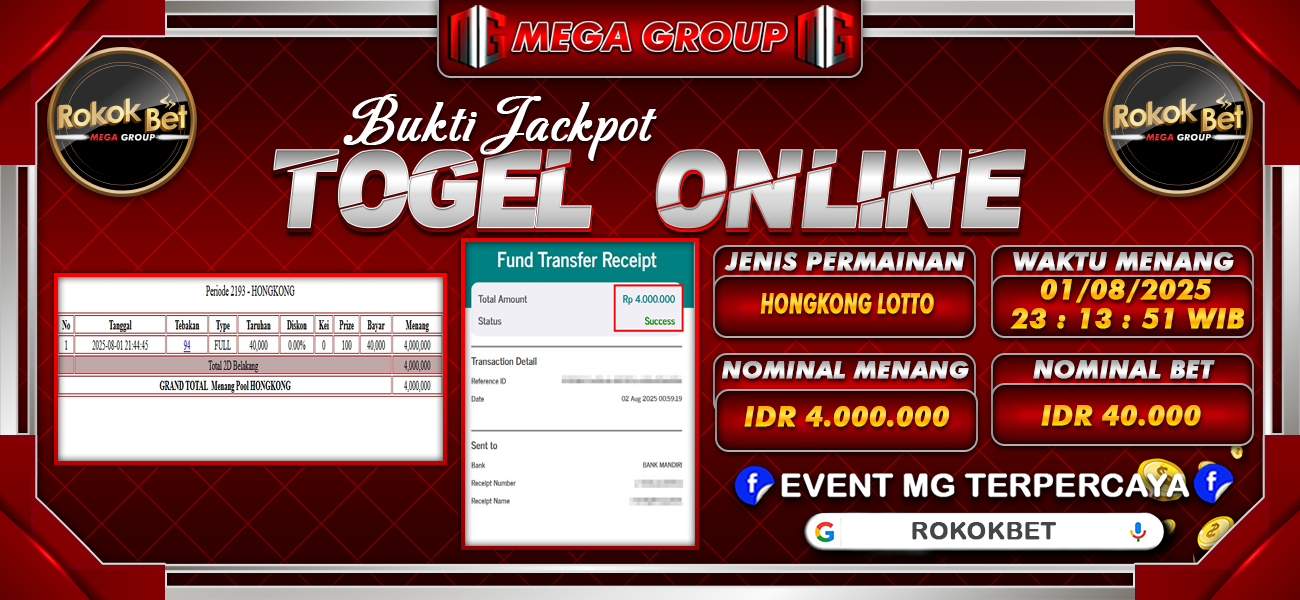 Bukti JP situs Rokokbet hari Sabtu, 02 Agustus 2025